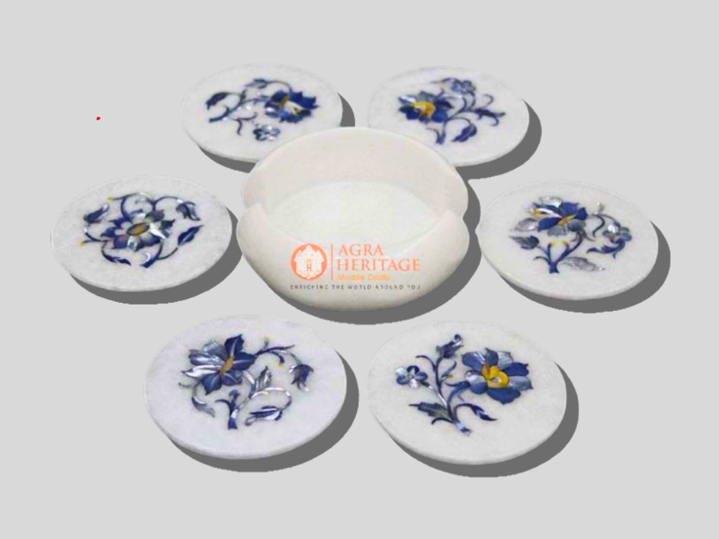 Handmade White Marble Lapis Floral Coaster Set